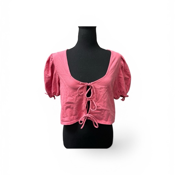Free People Tops - Free People Pink Tie Front Crop Top Puff Sleeve Boho Summer Festival Tee